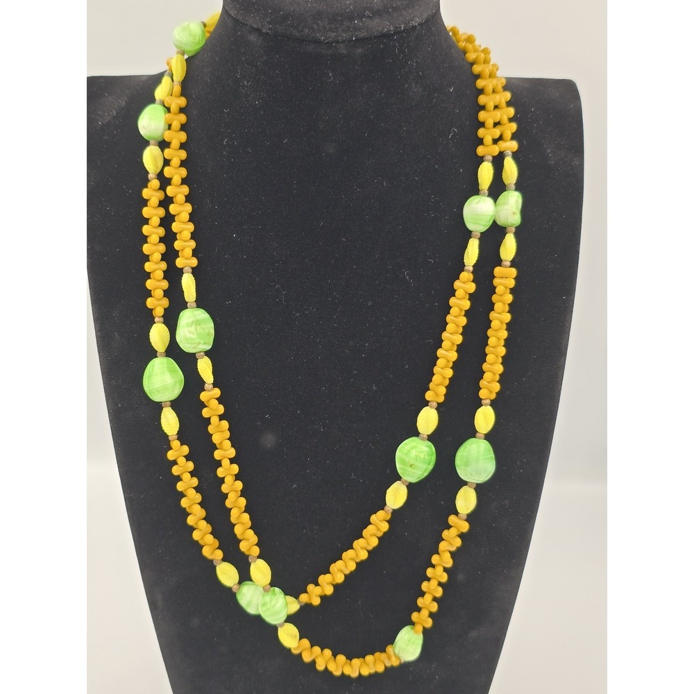 Vintage Long Beaded Necklace Green Swirl Lampwork Leaf Gablonz Glass Beads 1950s